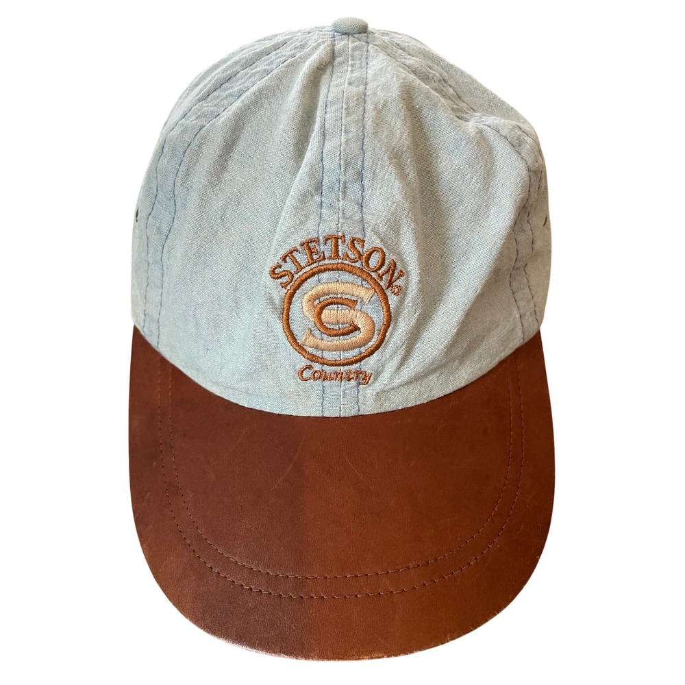 Vintage Stetson Country Hat Leather Brim Strapback Made in USA Cap Chambray Blue